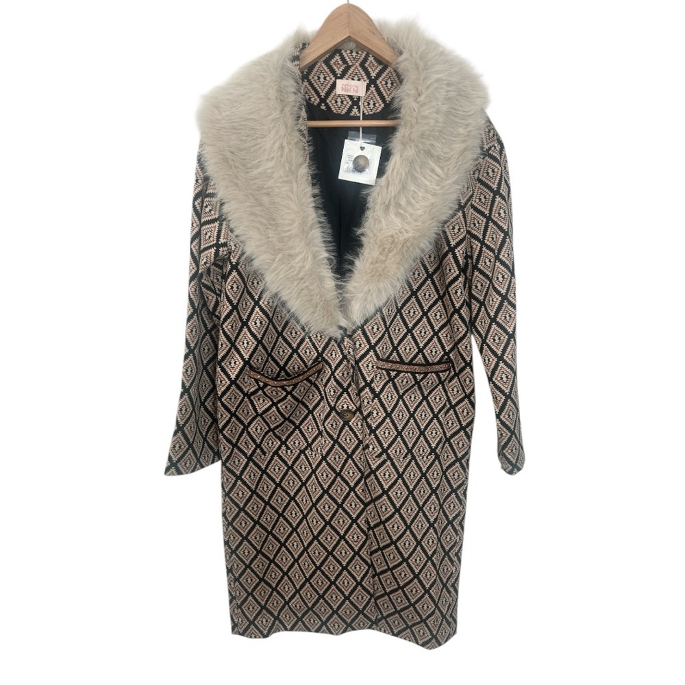 Nekane NKN Amanki Jacquard Long Coat Faux Fur Collar Black Tan Medium NWT